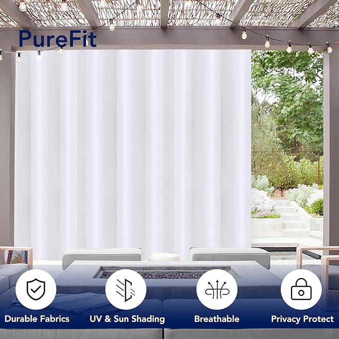 PureFit Outdoor Curtains for Patio Waterproof Weatherproof, UV Resistant Outside Curtains for Gazebo, Front Porch, Pergola, Sun Blocking Privacy Curtain, 150W x 84L inch, 1 Panel, White
