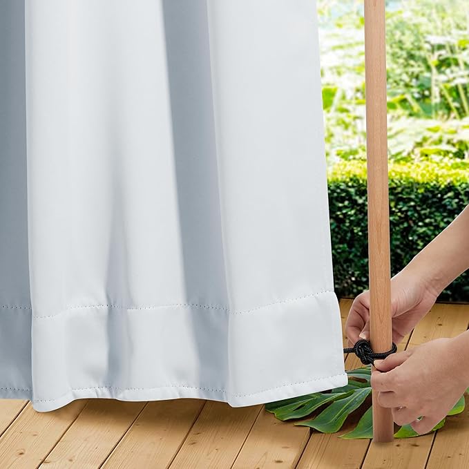 NICETOWN 2 Panels Windproof Outdoor Curtains for Patio Waterproof, Extra Wide Grommet & Back Tab on Top & Bottom Thermal Insulated Sun Blocking Drapes with Rope for Deck, Greyish White, W100 x L84