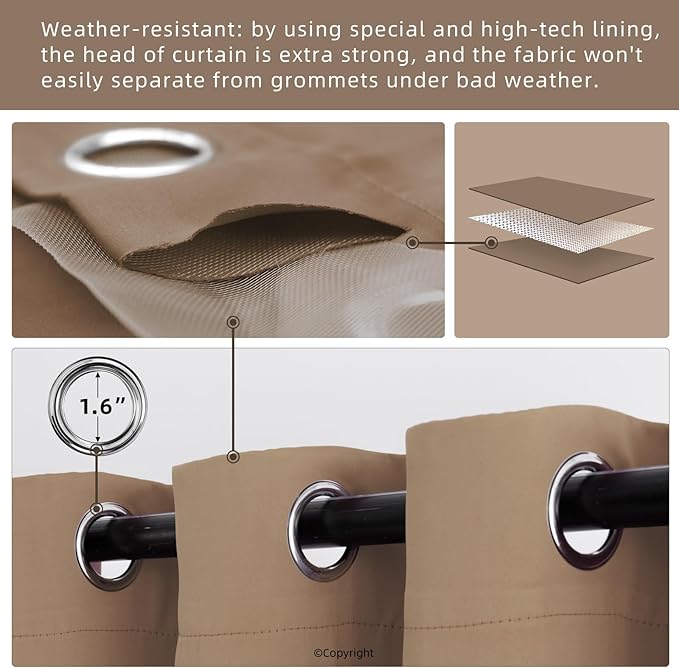 DIVA EN CAMINO DEC Outdoor Patio Curtain Waterproof Darkening Thermal Insulated Indoor Curtains for Bedroom, Porch, Living Room, Pergola, Cabana, W52 x L95, Camel Brown, Set of 2 Panels