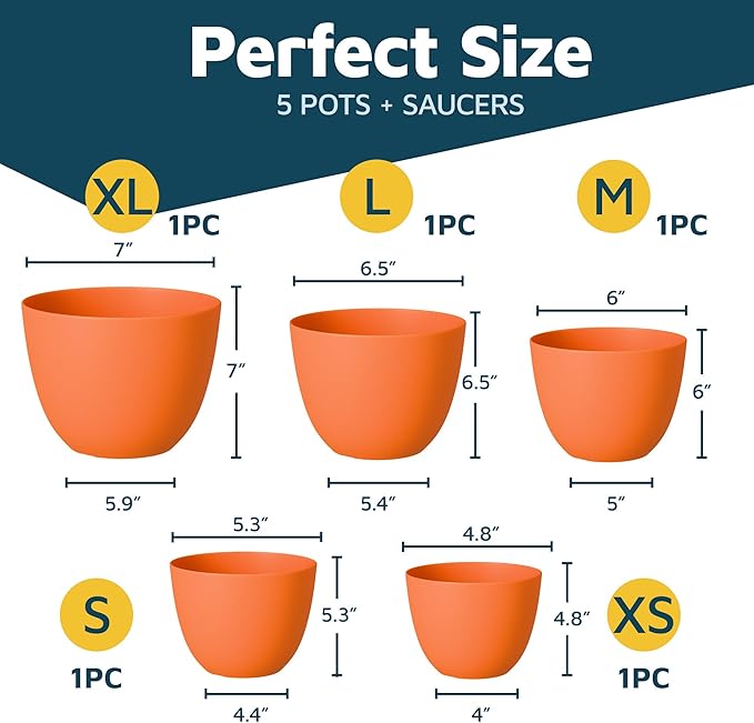 Yellow Plant Pots with Drainage Holes & Saucers 5 Pack, Indoor & Outdoor Stackable Space-Saving Planters for Houseplants & Flowers, (7", 6.7", 6", 5.3", and 4.8" Inches), Durable & Weatherproof