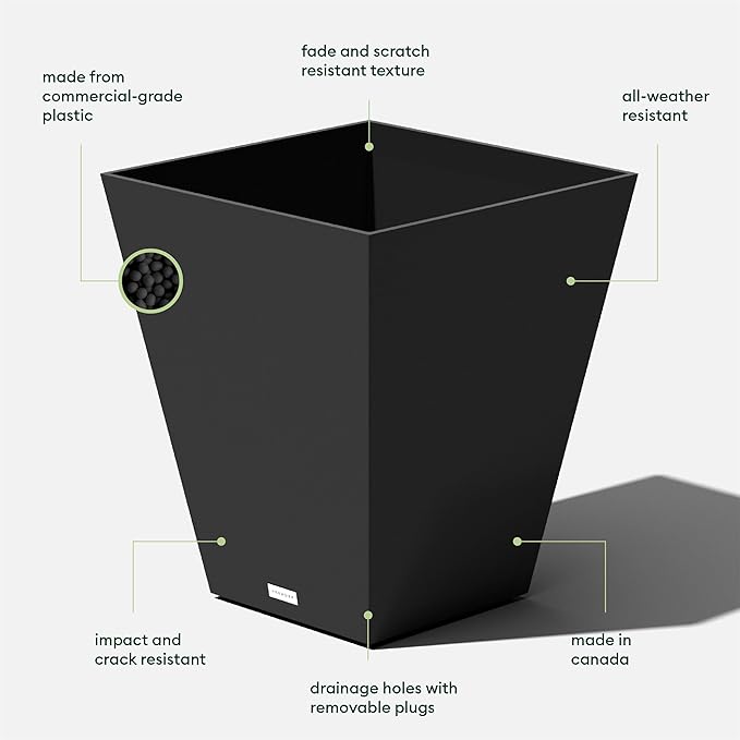Veradek Nobleton Indoor/Outdoor Wide Square Planter (Black, 22" - 2 Pack with 2 Saucer Trays)