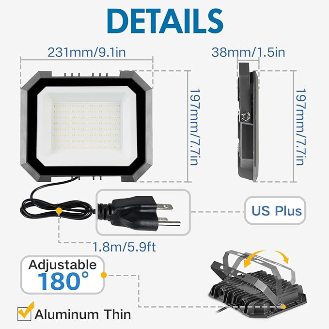 4 Pack LED Flood Lights Outdoor, 100W 10000LM Super Bright Floodlight Outside Work Light with 5.9FT Plug, IP65 Waterproof 6000K Outdoor LED Flood Light for Garage, Yard, Lawn, Garden