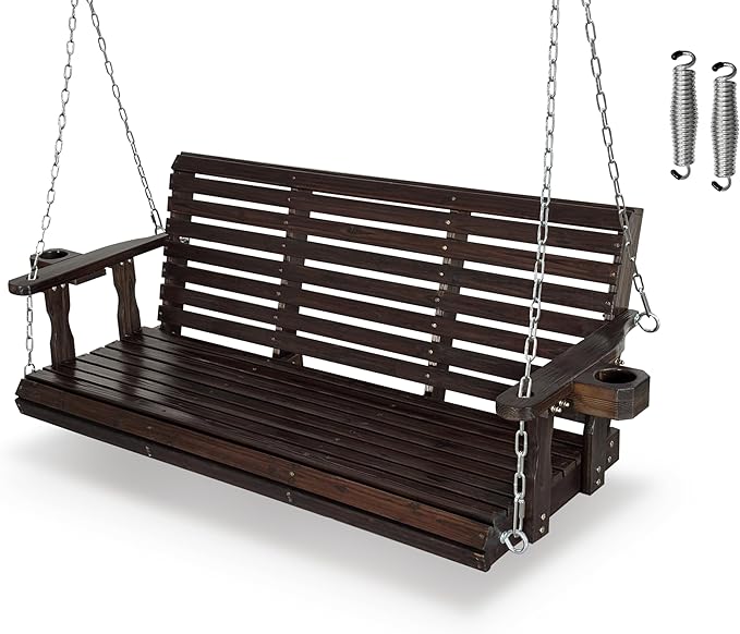 Fortune Candy Wooden Porch Swing 3-Seater, High Backrest and Deep Seat, Bench Swing with Cupholders, Hanging Chains and 7mm Springs, Heavy Duty 880 LBS (Deep Brown, 5 FT Extra Large)