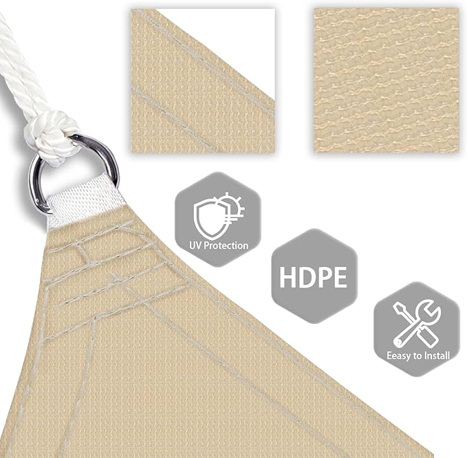 Patio Paradise 9' x 9' x 8'10" Sun Shade Sail Triangle Canopy, Permeable Shade Cloth Fabric Sunlight Block Patio Cover HDPE Deck Awning for Outdoor Backyard Pergolas Roof Shading, Sand