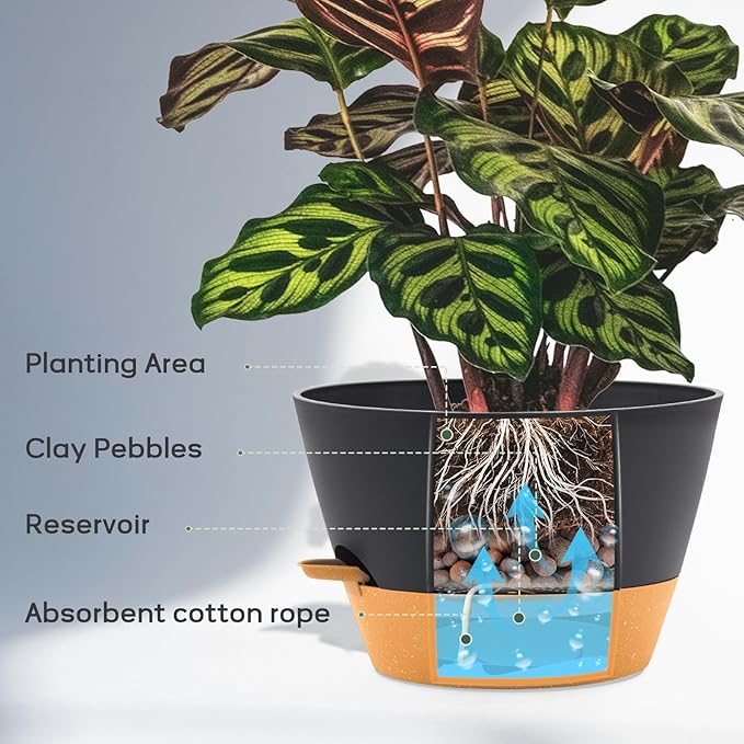 12-Inch Self Watering Planters with Drainage Holes, Large Flower Pots for Indoor Outdoor Plants, Garden Pots Grey