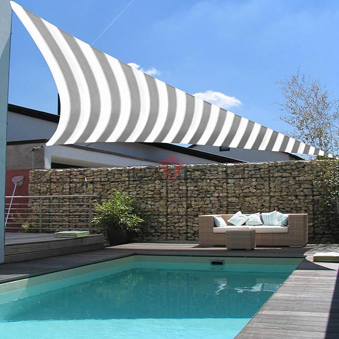 Patio Paradise 3' x 3' x 3' Sun Shade Sail Triangle Canopy Shade Cloth Fabric Sunlight Block Patio Pergola Cover HDPE Deck Awning for Outdoor Backyard Roof Shading, Gray White Strip