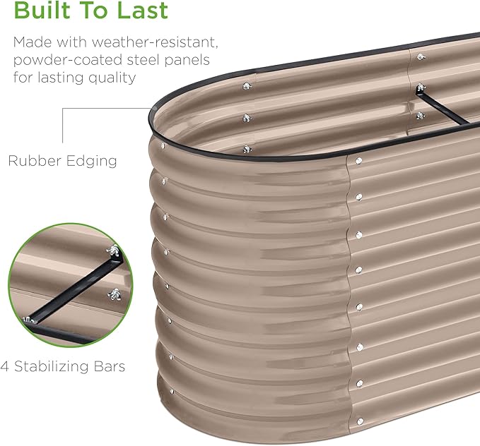 Best Choice Products 8x2x2ft Metal Raised Garden Bed, Oval Outdoor Deep Root Planter Box for Vegetables, Herbs w/ 4 Support Bars, 215 Gal Capacity - Taupe