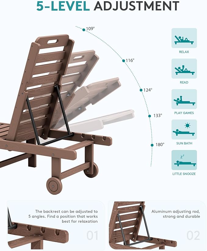 SERWALL Outdoor Chaise Lounge Set of 8, HDPE Pool Lounge Chairs with 5-Position Adjustable Backrest, Patio Loungers with Rolling Wheels & Cup Holder for Pool Sunbathing, Brown