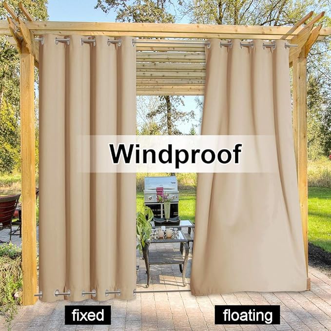 NICETOWN 2 Panels Weighted Blackout Curtains for Patio Waterproof & Windproof, Thermal Insulated Top and Bottom Rustproof Grommets Light Block Outdoor Drape for Pool, Biscotti Beige, W52 by L95