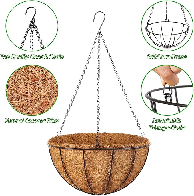 Hanging Baskets Planter for Plants - 4 Pack 14 Inch Metal Baskets with Coco Coir Liner, Hanging Flower Pots for Outside with Chain, Indoor Outdoor Garden Porch Decoration (14'' Pack of 4)