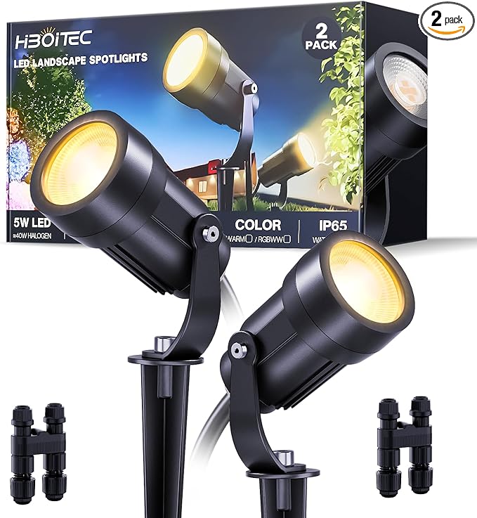 HIBOITEC LED Low Voltage Landscape Spotlights，IP65 Waterproof Outdoor Spot Lights for Yard, Plant, Lawn, Tree, Flags, House, Garden, Pathway, 2900K Warm White, 2 Pack