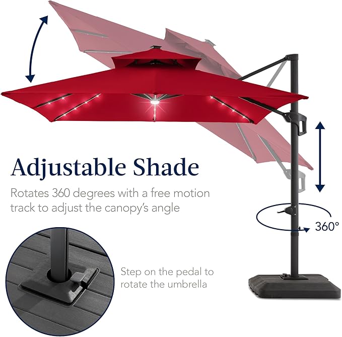 Best Choice Products 9x12ft LED Cantilever Patio Umbrella w/Base Included & 360° Rotation, Large Solar Offset Hanging Outdoor Sun Shade for Deck, Backyard Table w/Stand & Lights – Red