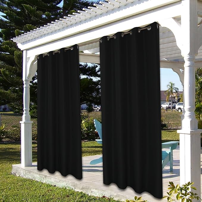BONZER Outdoor Waterproof Curtains for Patio Privacy Grommet Light Filtering Outside Curtains for Gazebo, Porch, Pergola, Pavilion, 1 Panel, 84W x 108L inch, Black