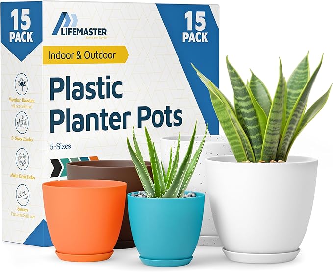 Multicolor Plant Pots with Drainage Holes & Saucers 15 Pack, Indoor & Outdoor Stackable Space-Saving Planters for Houseplants & Flowers, (7", 6.7", 6", 5.3", and 4.8" Inches), Durable & Weatherproof