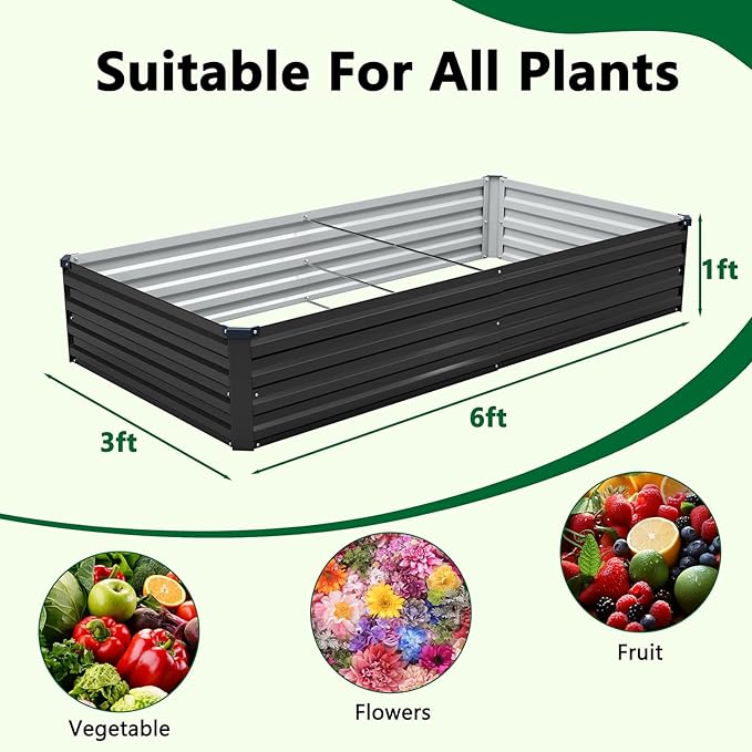 3 Pack 6x3x1FT Galvanized Raised Garden Bed Kit, Outdoor Metal Planter Box for Vegetables, Bottomless Rectangular Gardening Bed with Support Rods, Tool-Free Assembly, Black