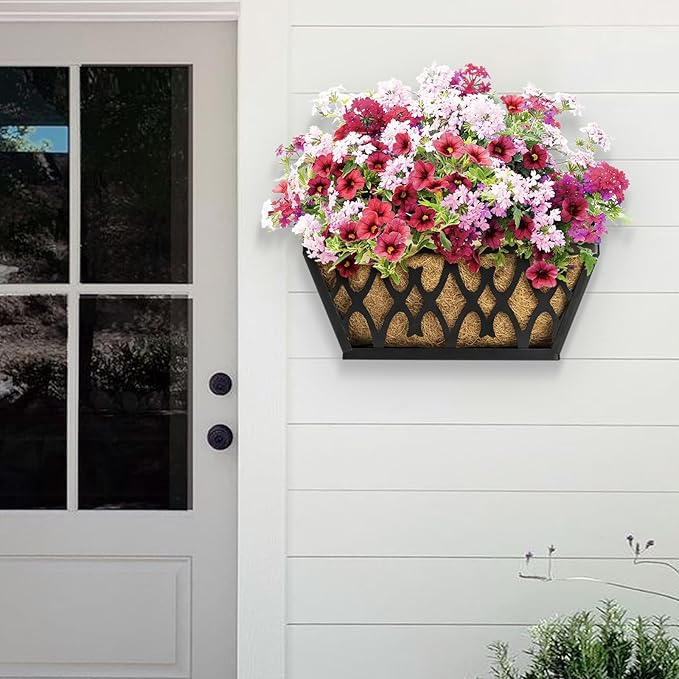 4 Pack 14 Inch Window Boxes Planters Railing Planter Box with Coco Liners Deck Railing Planter Boxes Balcony Hanging Flower Box for Outdoor Plants Garden Decor