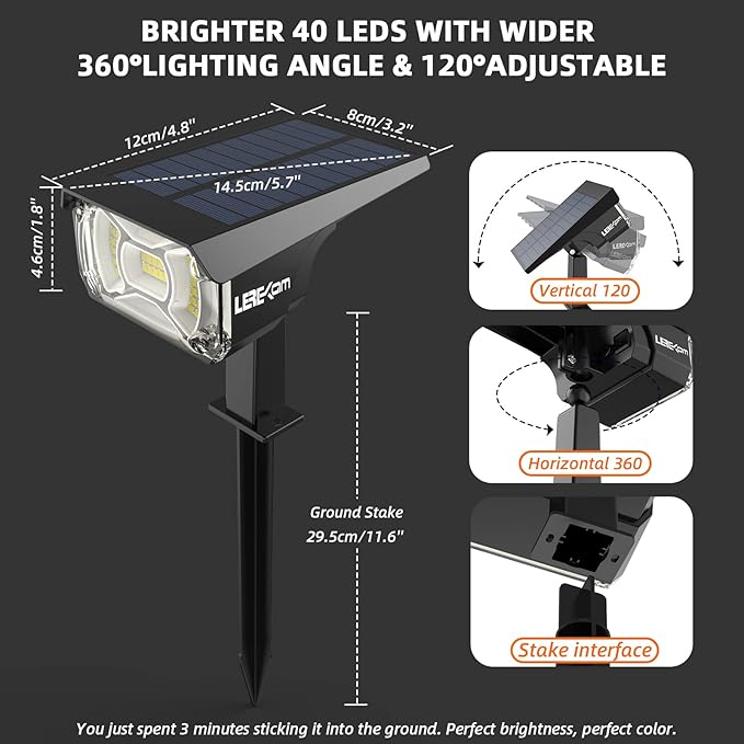 Solar Spot Lights,IP65 Waterproof 40 LED's Landscape Spotlights,3 Modes Outdoor Garden Lights, 360 Adjustable Lighting Angle, Solar Powered Wall Lights for Yard Porch 10 Pack