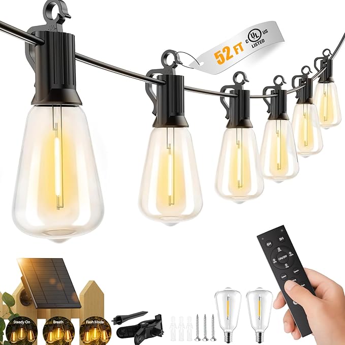 Brightown 52FT Solar String Lights Outdoor Waterproof with Remote, 15+1 LED Shatterproof Bulbs, Dimmable & Timable, 3 Light Modes - Commercial Grade Patio Lights for Garden Backyard Party Decor