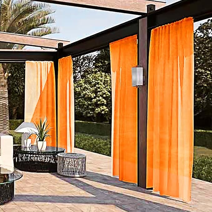 SpaceDresser Waterproof Outdoor Sheer Curtains for Patio - 2 Panels Rod Pocket Indoor Voile Sheer Curtain for Living Room,52W x 120L inch,Orange