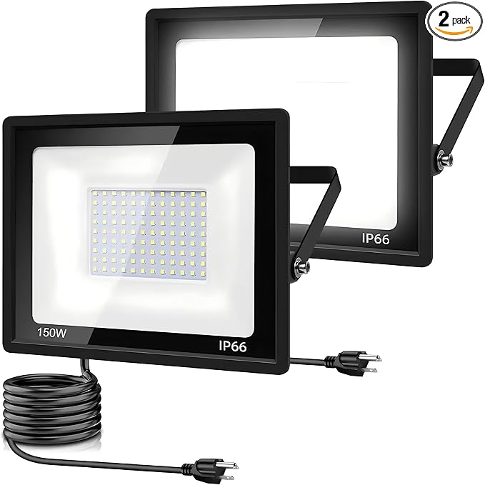 2Pack LED Flood Light Outdoor,150W LED Work Light 15500lm with 6FT US Plug,IP66 Waterproof Exterior Security Lights,6000K Daylight White Outside Floodlights Slim Design for Playground Yard