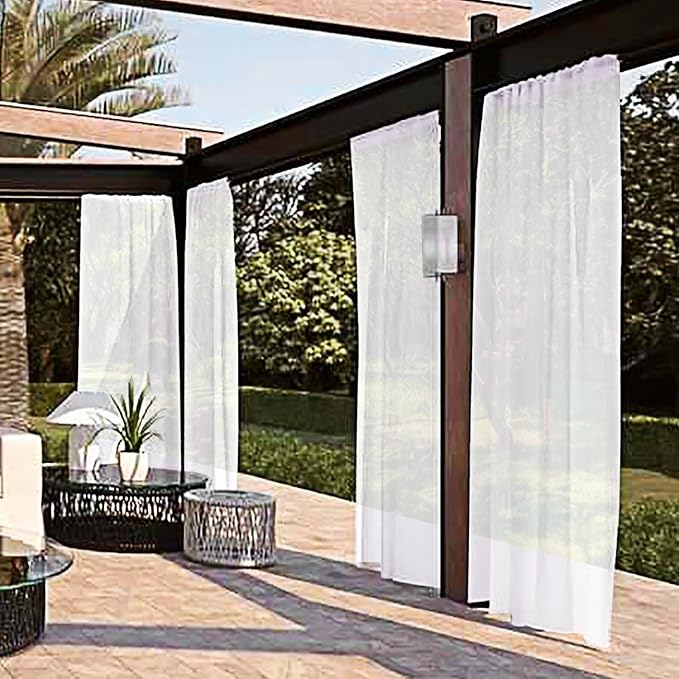 SpaceDresser Waterproof Outdoor Sheer Curtains for Patio - 2 Panels Rod Pocket Indoor Voile Sheer Curtain for Living Room,52W x 120L inch,White