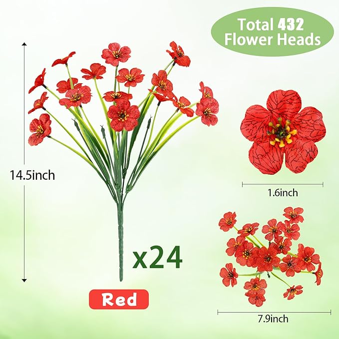 MACTING 24 Bundles Artificial Flowers for Outdoors UV Resistant Fake Flowers Faux Plastic Plants No Fade for Planters Window Patio Porch Home Garden Indoor Outside Spring Decorations,Red