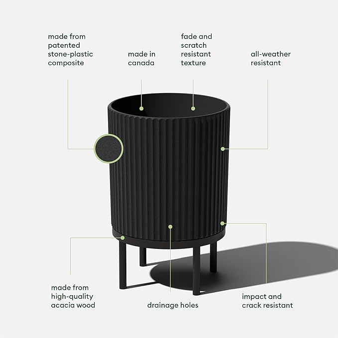 Veradek Demi Series Round Planter w/ Stand for Porch/Patio | Durable Plastic-Concrete & Wooden Stand | Modern Décor for Tall Plants, Flowers