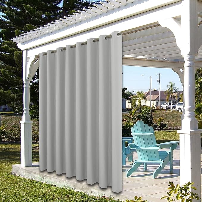 BONZER Outdoor Waterproof Curtains for Patio Wide Grommet Light Filtering Outside Curtains for Gazebo, Porch, Pergola, Pavilion, 1 Panel, 110W x 108L inch, Silver