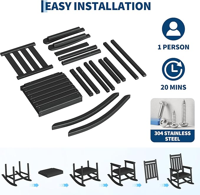 HDPE Rocking Chair Outdoor- Poly High Back Porch Rocker Chairs for Adults - All Weather Resistant Furniture for Patio Front Porch - Black