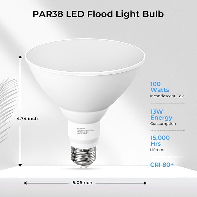 LED Flood Light Bulbs, PAR38 Outdoor Flood Light Bulb 5000K,13W 100W Equivalent, Daylight White LED Floodlight Dimmable, Waterproof for Porch Yard Garage, E26 Base, 15,000 Hrs, 2 Pack