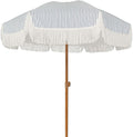 AMMSUN 7ft Patio Umbrella with Fringe Outdoor Tassel Umbrella UPF50+ Premium Steel Pole and Ribs Push Button Tilt, Navy Blue Stripes