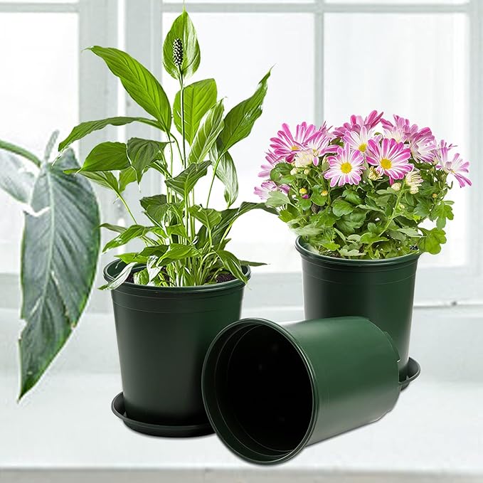 Fasmov 10PCS 1 Gallon Durable Nursery Pot Garden Flower Pots Nursery Plant Container Kit with 10 Pcs Matching Pallets