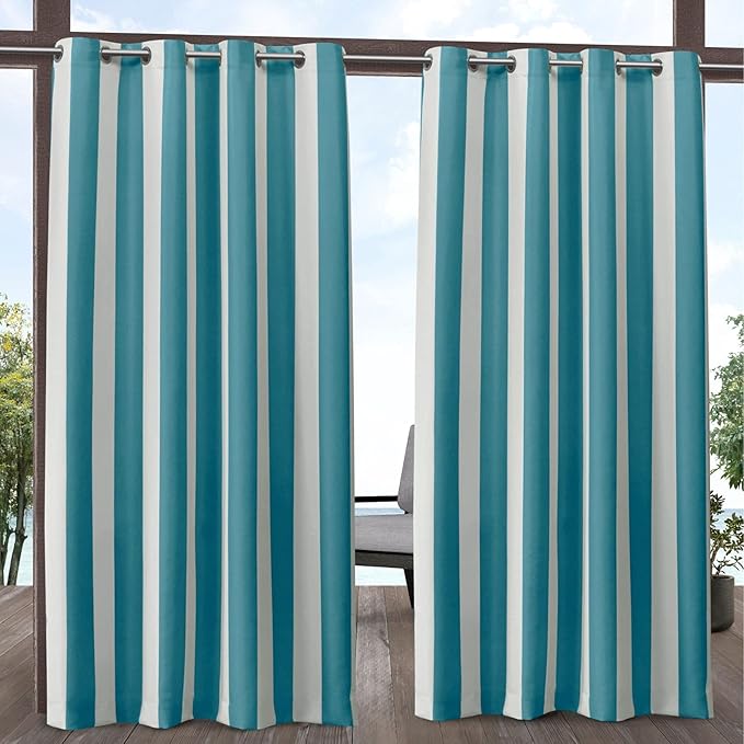 Exclusive Home Canopy Stripe Indoor/Outdoor Grommet Top Curtain Panel, 54"x108", Teal / White, Set of 2