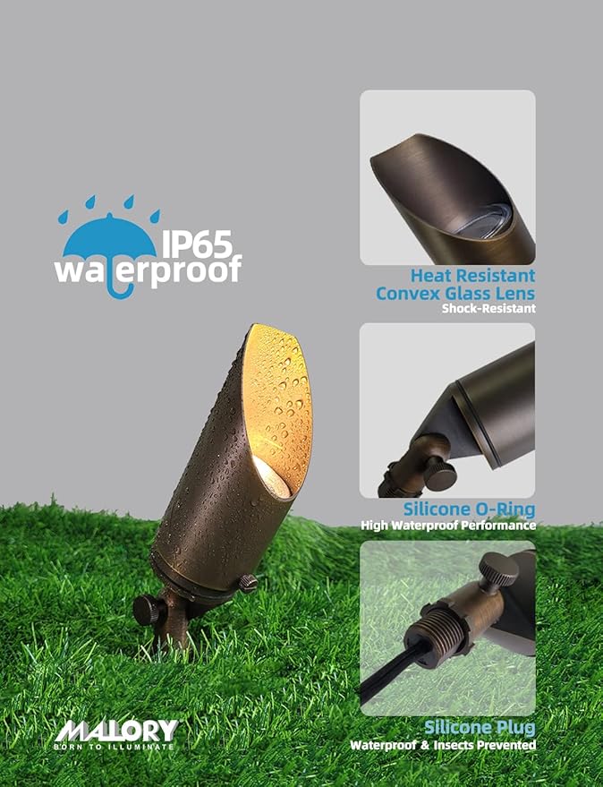 MALORY Brass Landscape Spotlight 1-Pack with 5W LED MR16 Bulb Kit(S03), 12V AC/DC Low Voltage Outdoor Landscape Lighting Shroud Adjustable,Ground Stake and Wire Connector Included,2700K Warm White