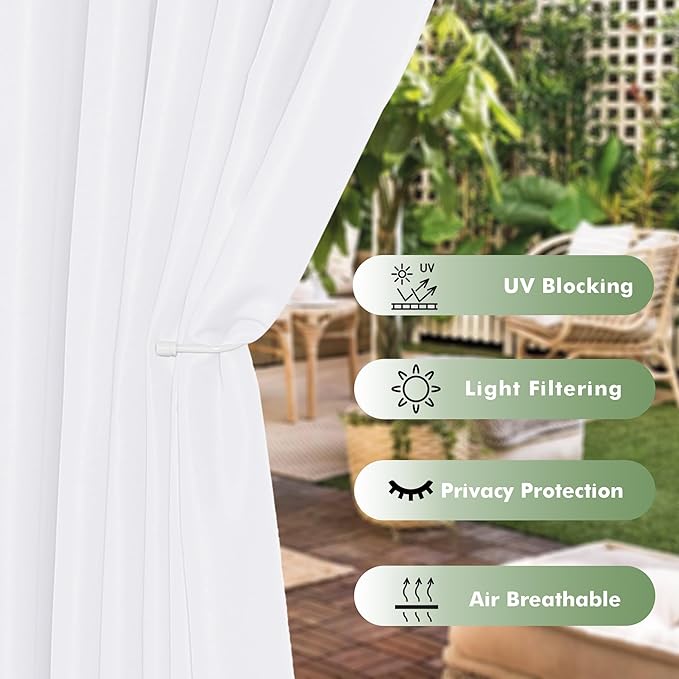 HolidayIdeas Outdoor Curtains for Patio Waterproof, 6 Panels - 54x84 Inches - Weatherproof Privacy Outsides Curtains for Cabana Porch Pergola, Sunlight & UV Blocking (White, Grommet Top)
