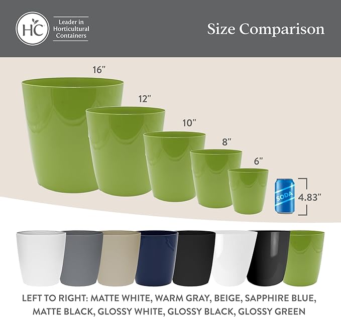 The HC Companies Aria Round Self-Watering Pot - Lightweight Plastic Planter for Herbs & More - Durable Plant Pots for Indoor Plants & Outdoor Plants (10" Glossy Avocado, Pack of 2)