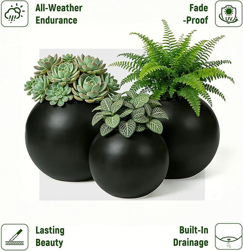 13.5 H x 17" Dia (12" Pot Opening) Round Fiberstone Planter with Drainage Hole, Durable Garden Flower Pots, Black, Resistant for Indoor and Outdoor, Planters for Large Plants pot for Home Decor Patio