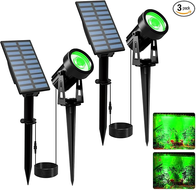 T-SUNUS Green Solar Spot Lights 2 Pack, Garden Landscape Spotlights Outdoor IP65 Waterproof Separated Panel 9.8ft Cable for St Patricks Day Halloween Christmas Lighting for Tree Pond Statue Graveyard
