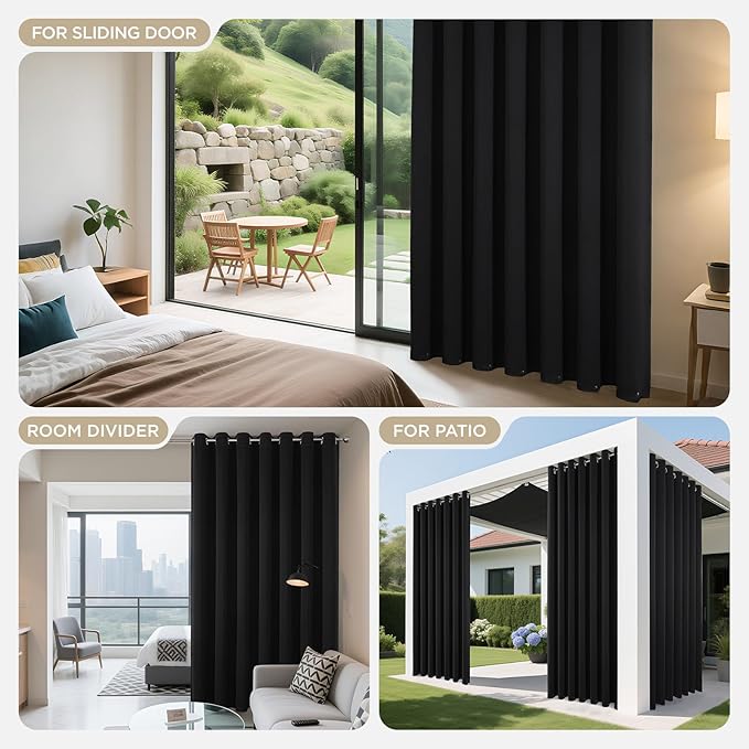 Joydeco Blackout Patio Sliding Door Curtains 90 Inches Long, Grommet Privacy Room Divider Curtains, Extra Wide Thermal Blackout Drapes for Bedroom Living Room (Black, 80Wx90L, 1 Panel)