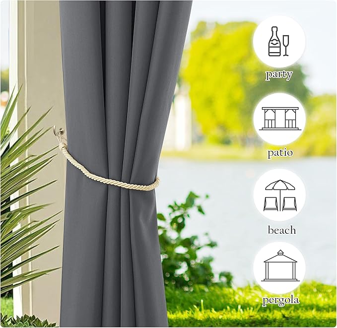 NICETOWN Outdoor Curtains for Patio Waterproof 2 Panels, Sun Block Thermal Insulated Tab Top Indoor Outdoor Window Treatments Privacy Drapes for Exterior/Outside Screen, Dark Grey, W55 x L95