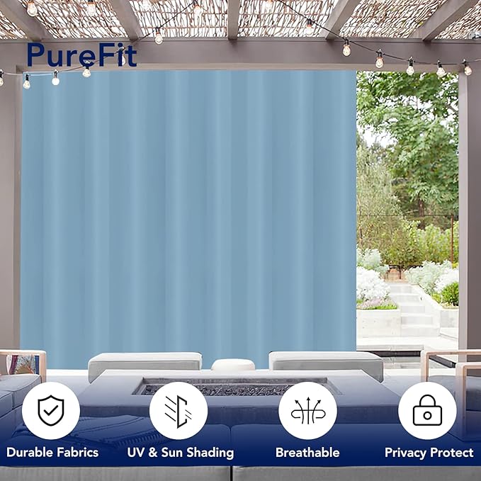 PureFit Outdoor Curtains for Patio Waterproof Weatherproof, UV Resistant Outside Curtains for Gazebo, Front Porch, Pergola, Sun Blocking Privacy Curtain, 100W x 120L inch, 1 Panel, Sky Blue
