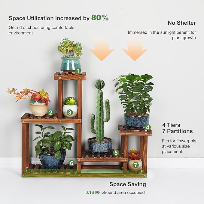 Pine Wood Plant Stand Indoor Outdoor Multi Layer Flower Shelf Rack Higher and Lower Plant Holder in Garden Balcony Patio Living Room (4 Tiers )