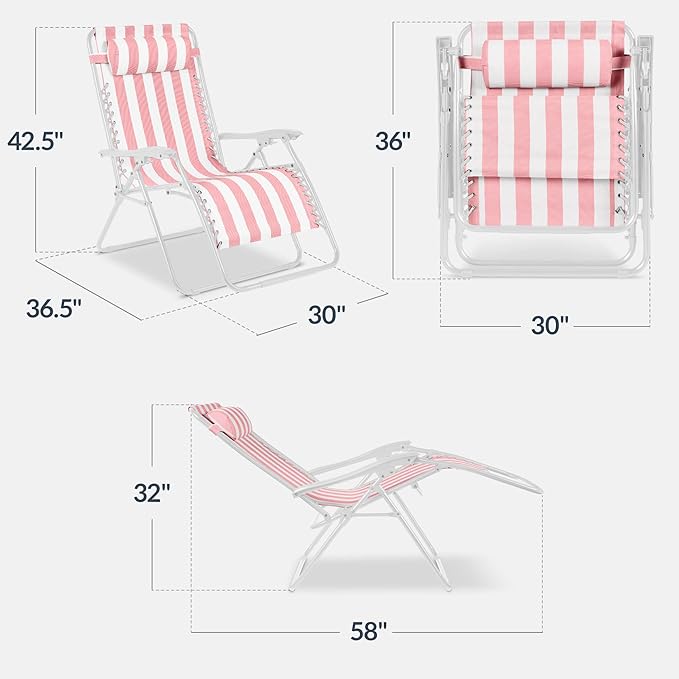 Best Choice Products Set of 2 Extra Wide Adjustable Steel Mesh Zero Gravity Lounge Chair Recliners w/Pillows and Cup Holder Trays - Flamingo Stripes/White