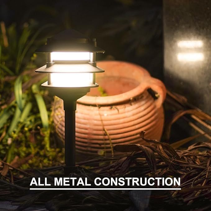 GOODSMANN Landscape Lighting 4PK Pathway Lights Low Voltage 2.2 Watt LED 12V AC Landscape Lights 30 Lumen Warm White with Cable Connectors Metal Stakes 9122-21102-04A