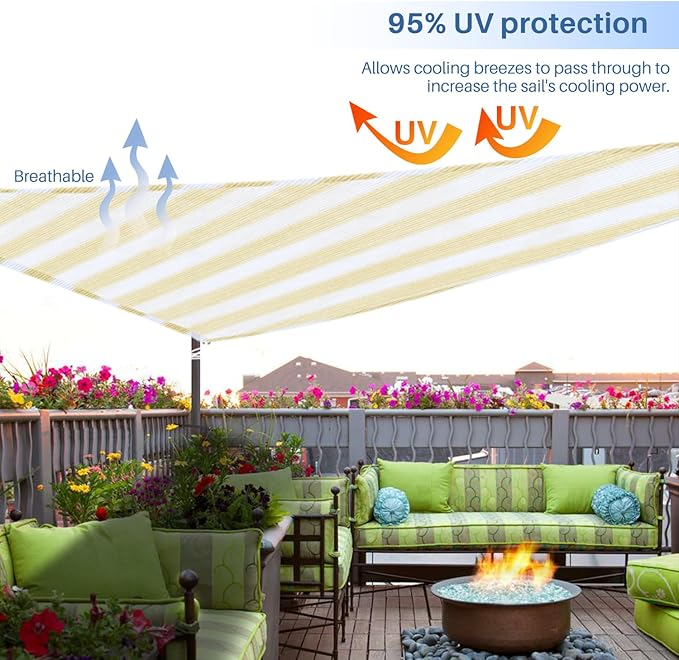 E&K Sunrise 11' x 11' x 11' Sun Shade Sail Triangle Canopy Shade Cover UV Block for Patio Backyard Garden Outdoor (Beige White Strip)