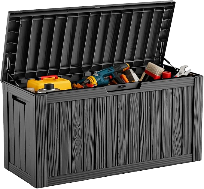 DRATO 80 Gallon Deck Box, Outdoor Storage Box for Patio Furniture, Patio Cushions, Gardening Tools, Pool Supplies 480lbs Weight Capacity,Waterproof Resin Storage Boxes（Black，80 Gallon）