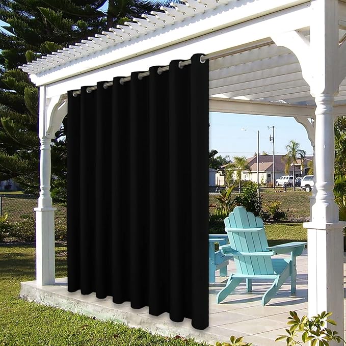 BONZER Waterproof Outdoor Curtains for Patio Porch Pergola Cabana Thick Privacy Wide Grommet Indoor Curtains for Bedroom Living Room, 1 Panel, 110W x 84L inch, Black