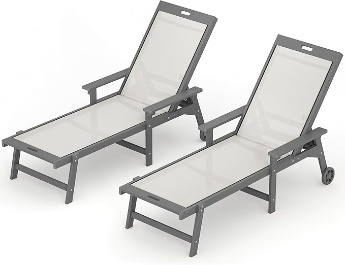 LUE BONA Chaise Lounge Chair Outdoor Set of 4, HDPS and HDPE Wicker Chaise Lounger with 5 Positions, Pool Lounge Chairs with Wheels and Adjustable Backrest for Patio, Poolside, Deck, Backyard