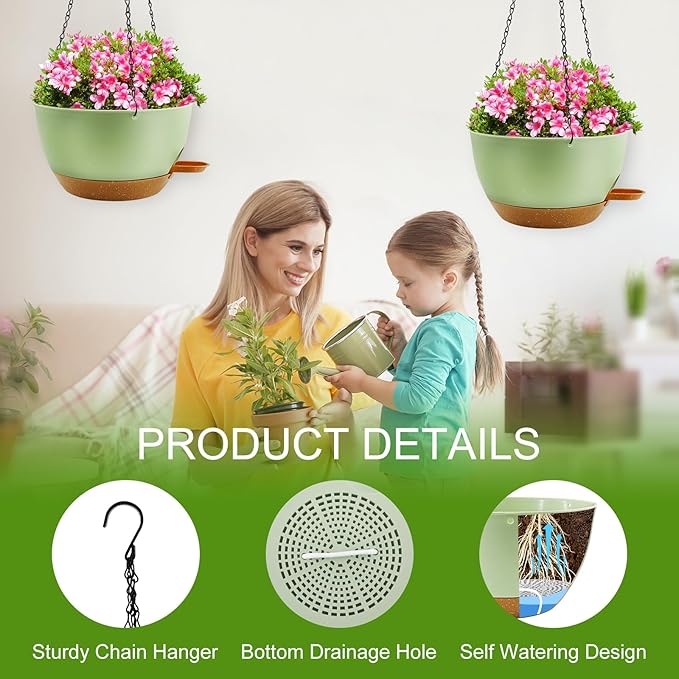 12 inch Hanging Planters for Indoor Plants, 2 Pack Self-Watering Hanging Planter Pots with Chain and Drainage Holes, Outdoor Plastic Hanging Baskets for Garden Home Decor