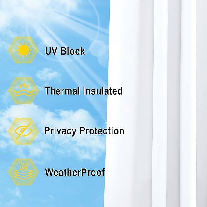 NICETOWN Outdoor Curtain for Patio Waterproof Extra Wide 84 inch, Sun Blocking Vertical Blinds Thermal Insulated Stainless Grommet for Front Porch/Gazebo/Lanai, Pure White, 1 Piece, 84 inch L